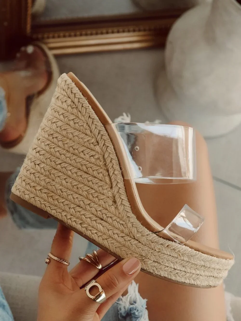 Soda Clear Strap Espadrille Wedge Sandals - Natural Tan